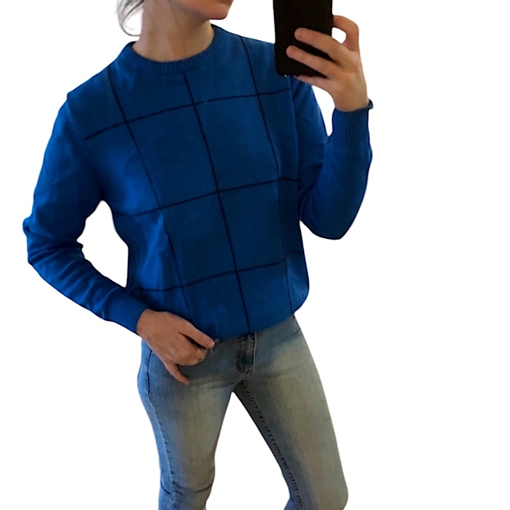 Vintage JOHN ASHFORD Blue Black Checked Cotton Crew Neck Pullover Sweater Jumper - Picture 14 of 16